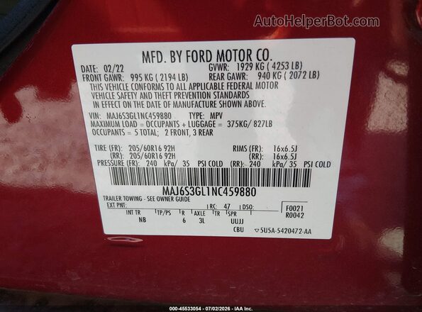 MAJ6S3GL1NC459880 2022 FORD ECOSPORT Red ძრავის განყოფილების ხედი