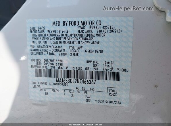 MAJ6S3GL2NC466367 2022 FORD ECOSPORT White Vista del compartimento del motor