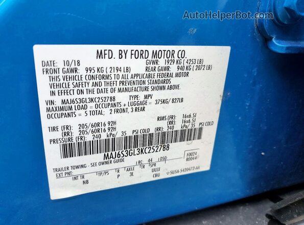 MAJ6S3GL3KC252788 2019 FORD ECOSPORT Blue VIN კოდის სტიკერის ხედი
