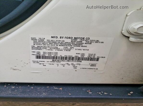MAJ6S3GL3KC255206 2019 FORD ECOSPORT White Vista de la etiqueta del VIN