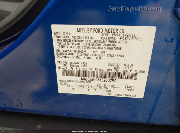 MAJ6S3GL3KC280297 2019 FORD ECOSPORT Blue Vista del compartimento del motor