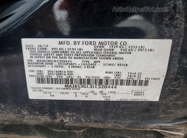 MAJ6S3GL3LC320444 2020 FORD ECOSPORT Black VIN კოდის სტიკერის ხედი