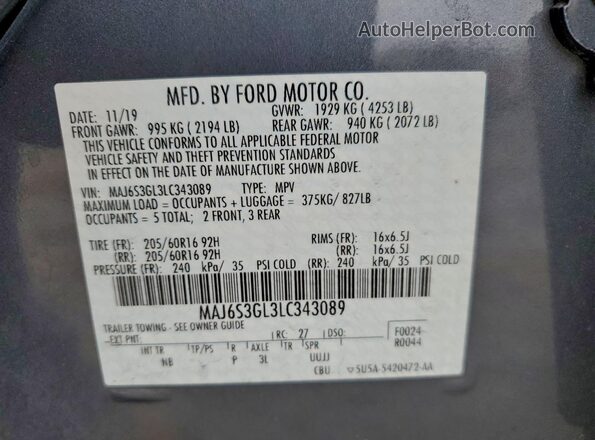 MAJ6S3GL3LC343089 2020 FORD ECOSPORT Gray Widok naklejki z numerem VIN