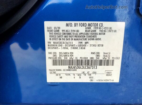 MAJ6S3GL3LC367313 2020 FORD ECOSPORT Синий Вид подкапотного пространства