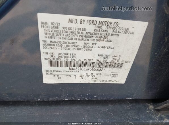 MAJ6S3GL3NC460027 2022 FORD ECOSPORT Blue Вид підкапотного простору