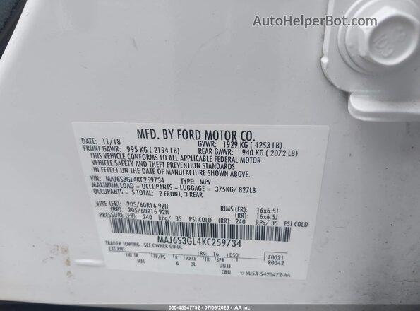 MAJ6S3GL4KC259734 2019 FORD ECOSPORT White Widok komory silnika