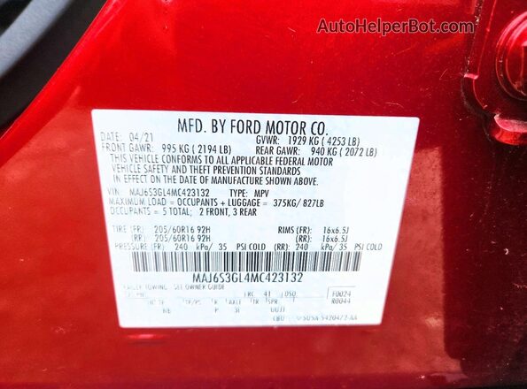 MAJ6S3GL4MC423132 2021 FORD ECOSPORT Red Engine compartment view