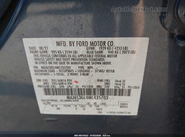 MAJ6S3GL4MC435703 2021 FORD ECOSPORT Blue Շարժիչի բաժամունքի տեսք