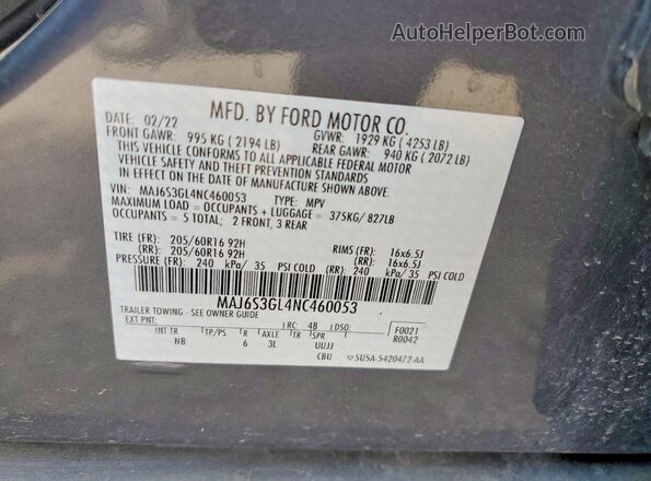 MAJ6S3GL4NC460053 2022 FORD ECOSPORT Серый Вид наклейки с VIN-кодом