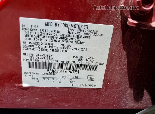 MAJ6S3GL5KC263291 2019 FORD ECOSPORT Red VIN կոդի պիտակի տեսք