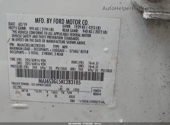 MAJ6S3GL5KC283105 2019 FORD ECOSPORT White ძრავის განყოფილების ხედი