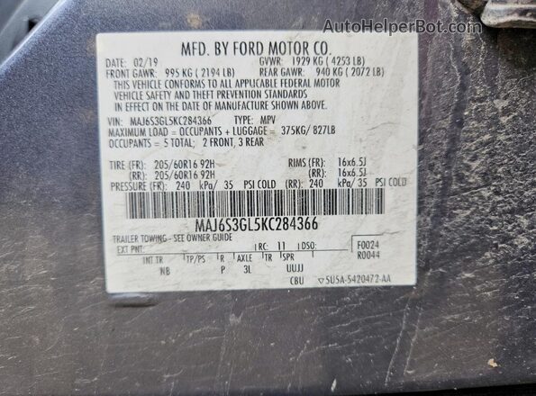 MAJ6S3GL5KC284366 2019 FORD ECOSPORT Серый Вид наклейки с VIN-кодом