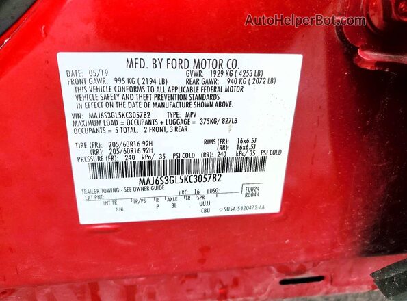 MAJ6S3GL5KC305782 2019 FORD ECOSPORT Red VIN კოდის სტიკერის ხედი
