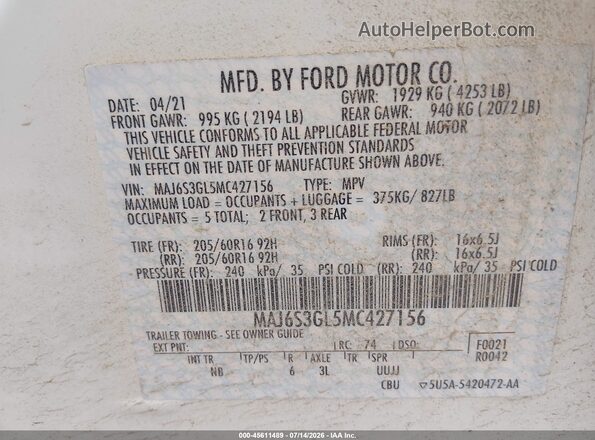 MAJ6S3GL5MC427156 2021 FORD ECOSPORT White Вид підкапотного простору