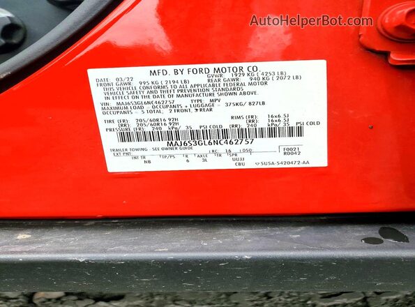 MAJ6S3GL6NC462757 2022 FORD ECOSPORT Red ძრავის განყოფილების ხედი