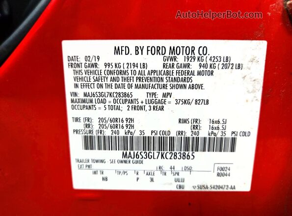 MAJ6S3GL7KC283865 2019 FORD ECOSPORT Burgundy Widok naklejki z numerem VIN