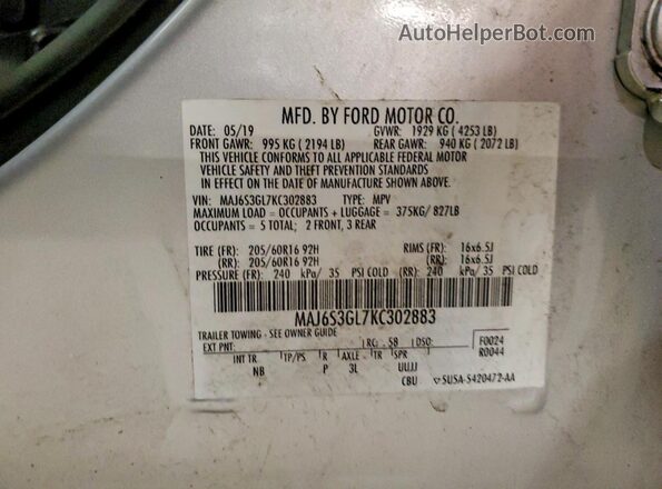 MAJ6S3GL7KC302883 2019 FORD ECOSPORT Silver Widok naklejki z numerem VIN