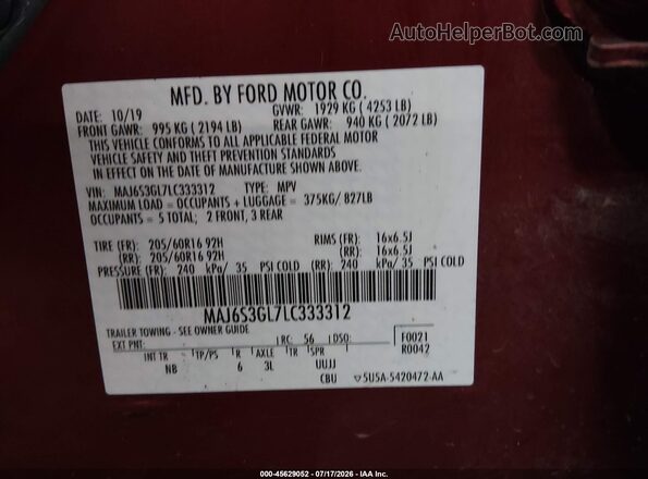 MAJ6S3GL7LC333312 2020 FORD ECOSPORT Red ძრავის განყოფილების ხედი