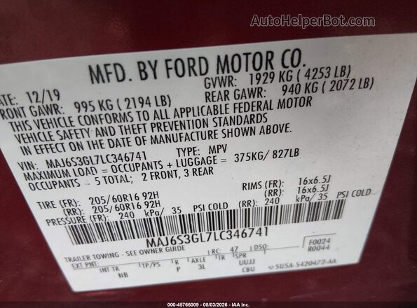MAJ6S3GL7LC346741 2020 FORD ECOSPORT Red Շարժիչի բաժամունքի տեսք