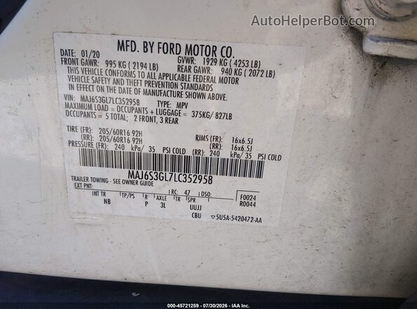 MAJ6S3GL7LC352958 2020 FORD ECOSPORT Белый Вид подкапотного пространства