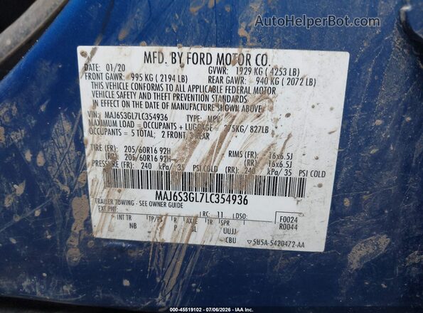 MAJ6S3GL7LC354936 2020 FORD ECOSPORT Blue ძრავის განყოფილების ხედი