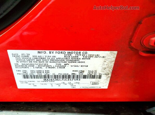 MAJ6S3GL7LC357593 2020 FORD ECOSPORT Red VIN კოდის სტიკერის ხედი