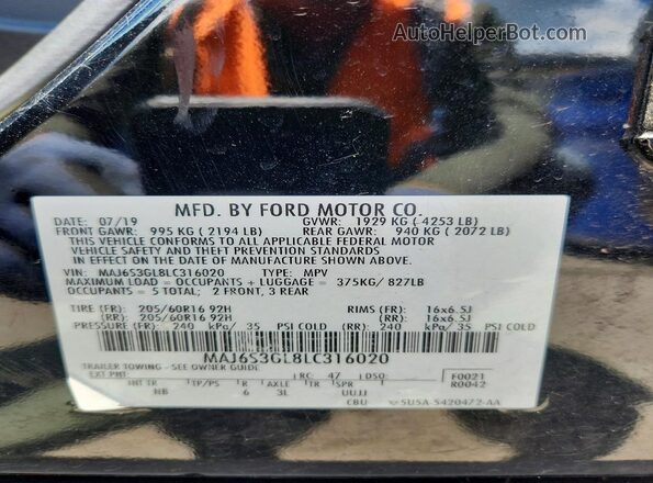 MAJ6S3GL8LC316020 2020 FORD ECOSPORT Black Vista interior de 360 grados