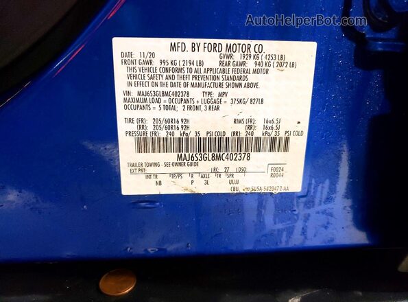MAJ6S3GL8MC402378 2021 FORD ECOSPORT Blue Вид підкапотного простору