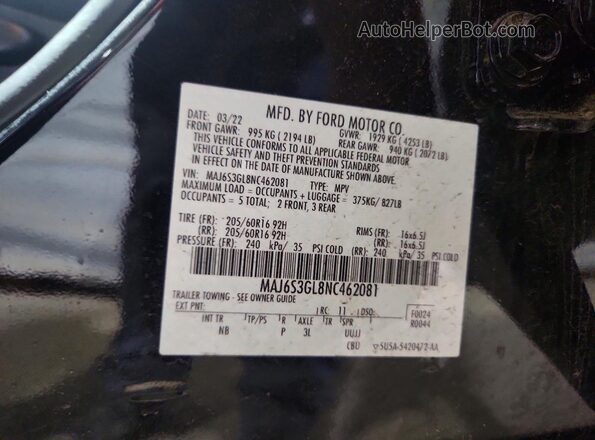MAJ6S3GL8NC462081 2022 FORD ECOSPORT Black Widok naklejki z numerem VIN
