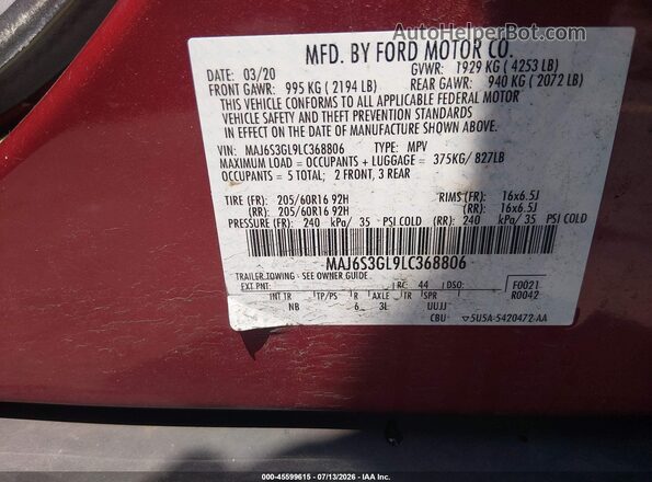 MAJ6S3GL9LC368806 2020 FORD ECOSPORT Red ძრავის განყოფილების ხედი