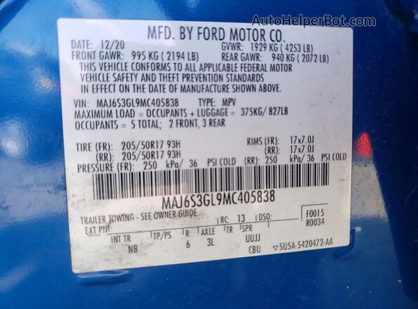 MAJ6S3GL9MC405838 2021 FORD ECOSPORT Blue Вид наклейки з VIN-кодом