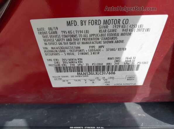MAJ6S3GLXLC317606 2020 FORD ECOSPORT Red Vista del compartimento del motor
