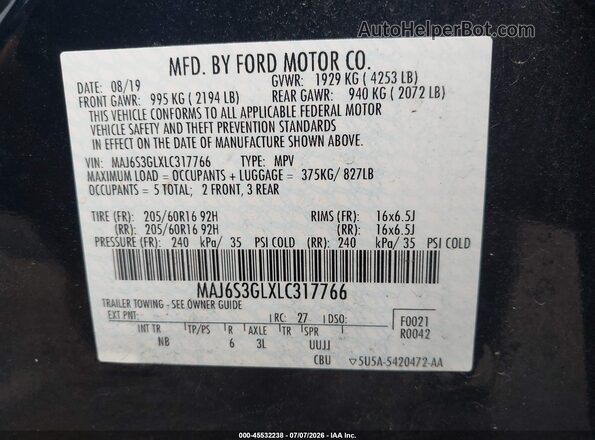 MAJ6S3GLXLC317766 2020 FORD ECOSPORT Black ძრავის განყოფილების ხედი