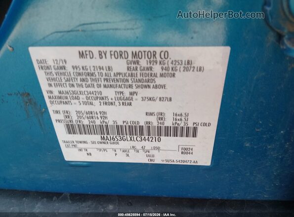 MAJ6S3GLXLC344210 2020 FORD ECOSPORT Blue Vista del compartimento del motor