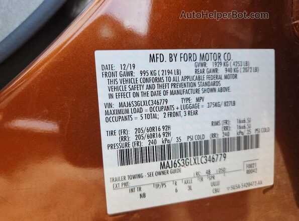 MAJ6S3GLXLC346779 2020 FORD ECOSPORT Orange VIN კოდის სტიკერის ხედი