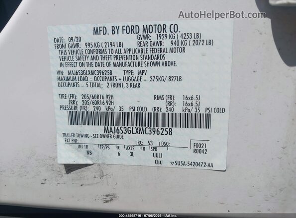 MAJ6S3GLXMC396258 2021 FORD ECOSPORT White Շարժիչի բաժամունքի տեսք