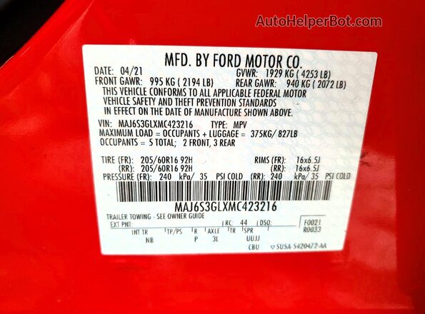 MAJ6S3GLXMC423216 2021 FORD ECOSPORT Red VIN კოდის სტიკერის ხედი