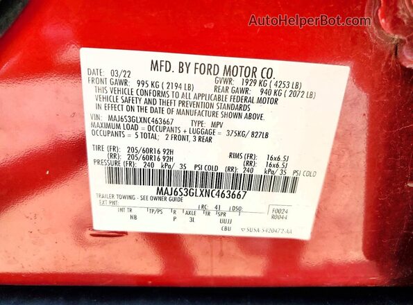 MAJ6S3GLXNC463667 2022 FORD ECOSPORT Красный Вид наклейки с VIN-кодом