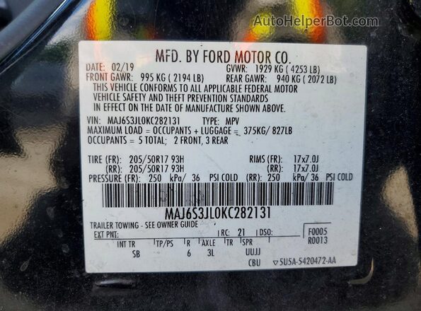 MAJ6S3JL0KC282131 2019 FORD ECOSPORT Black Vista interior de 360 grados