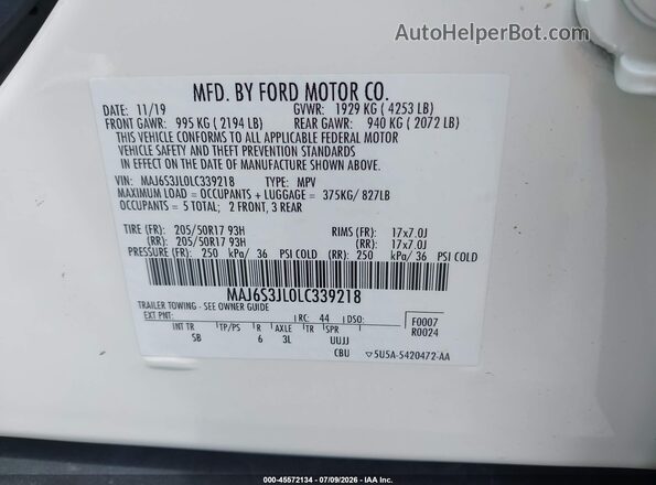 MAJ6S3JL0LC339218 2020 FORD ECOSPORT White ძრავის განყოფილების ხედი