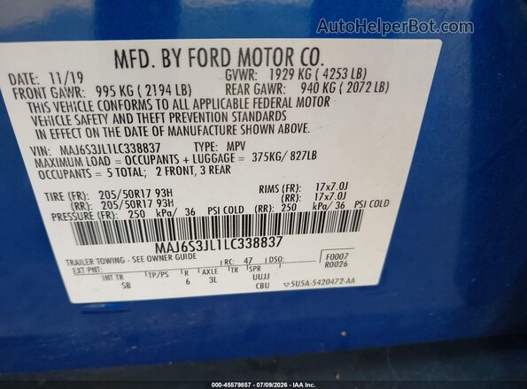 MAJ6S3JL1LC338837 2020 FORD ECOSPORT Blue ძრავის განყოფილების ხედი