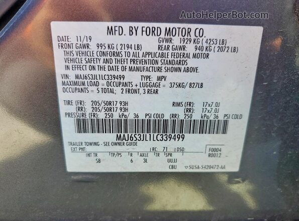 MAJ6S3JL1LC339499 2020 FORD ECOSPORT Gray VIN կոդի պիտակի տեսք