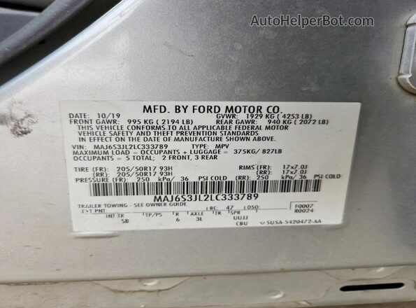 MAJ6S3JL2LC333789 2020 FORD ECOSPORT Silver Вид наклейки з VIN-кодом