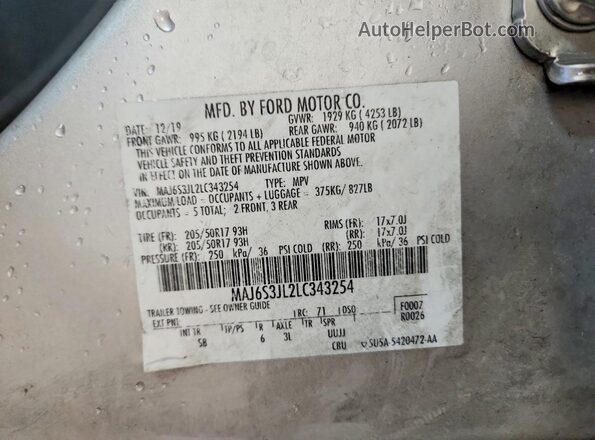 MAJ6S3JL2LC343254 2020 FORD ECOSPORT Серебряный Вид наклейки с VIN-кодом
