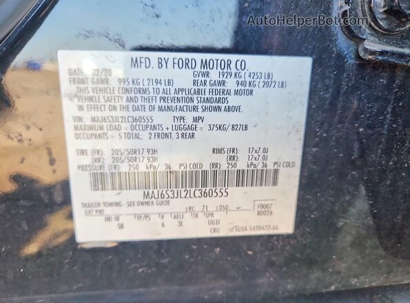 MAJ6S3JL2LC360555 2020 FORD ECOSPORT Black VIN კოდის სტიკერის ხედი