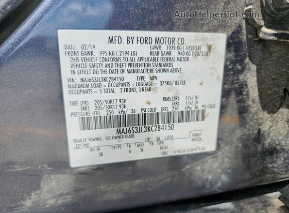 MAJ6S3JL3KC284150 2019 FORD ECOSPORT Gray Widok naklejki z numerem VIN