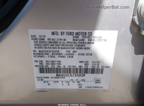 MAJ6S3JL3LC343439 2020 FORD ECOSPORT Silver ძრავის განყოფილების ხედი