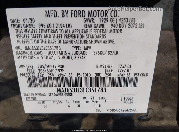 MAJ6S3JL3LC351783 2020 FORD ECOSPORT Black Вид підкапотного простору