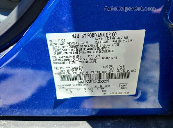 MAJ6S3JL3LC353291 2020 FORD ECOSPORT Blue Widok naklejki z numerem VIN