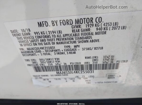 MAJ6S3JL4KC255031 2019 FORD ECOSPORT White Շարժիչի բաժամունքի տեսք